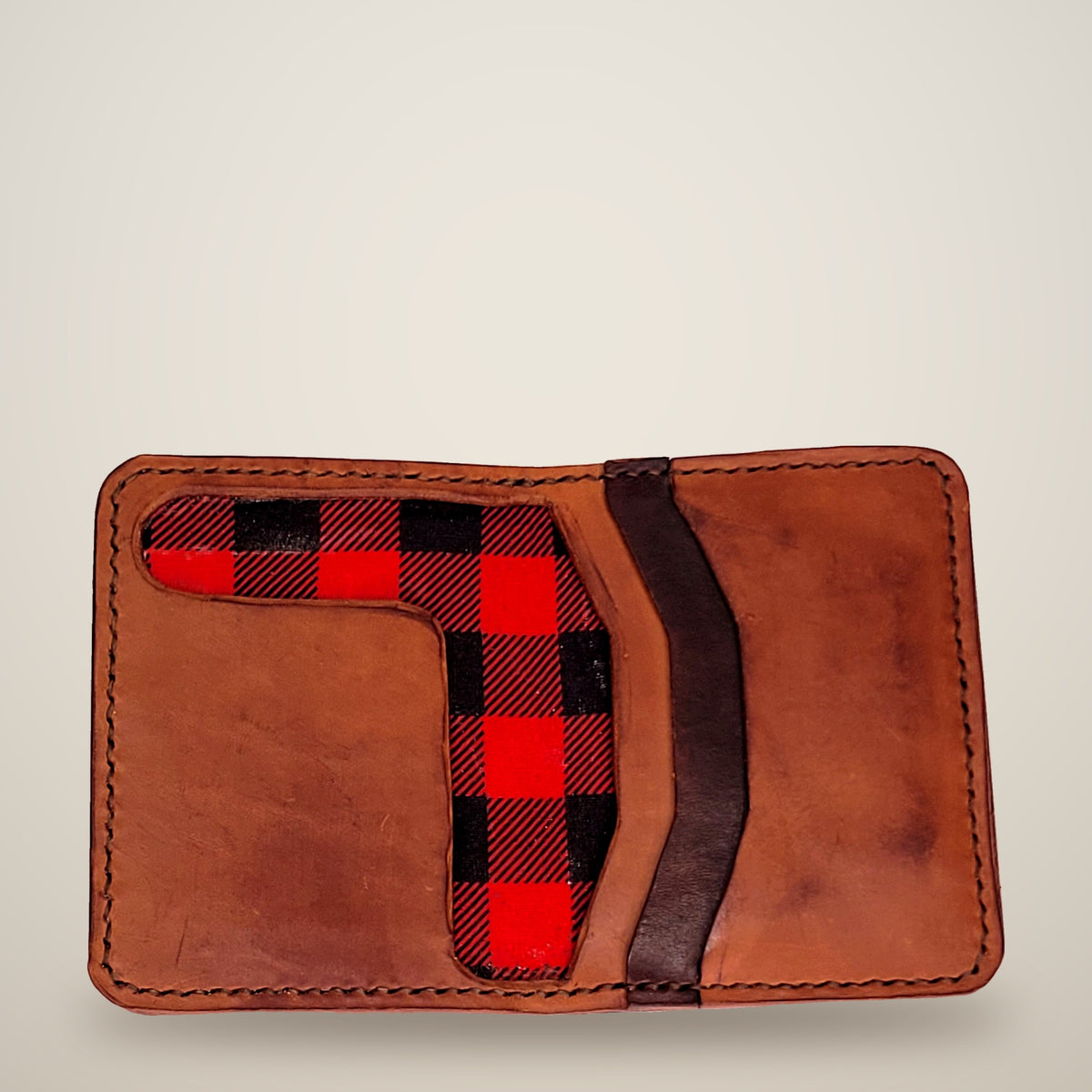 Small Lined Wallet – Chunky – dark brown, red plaid lining