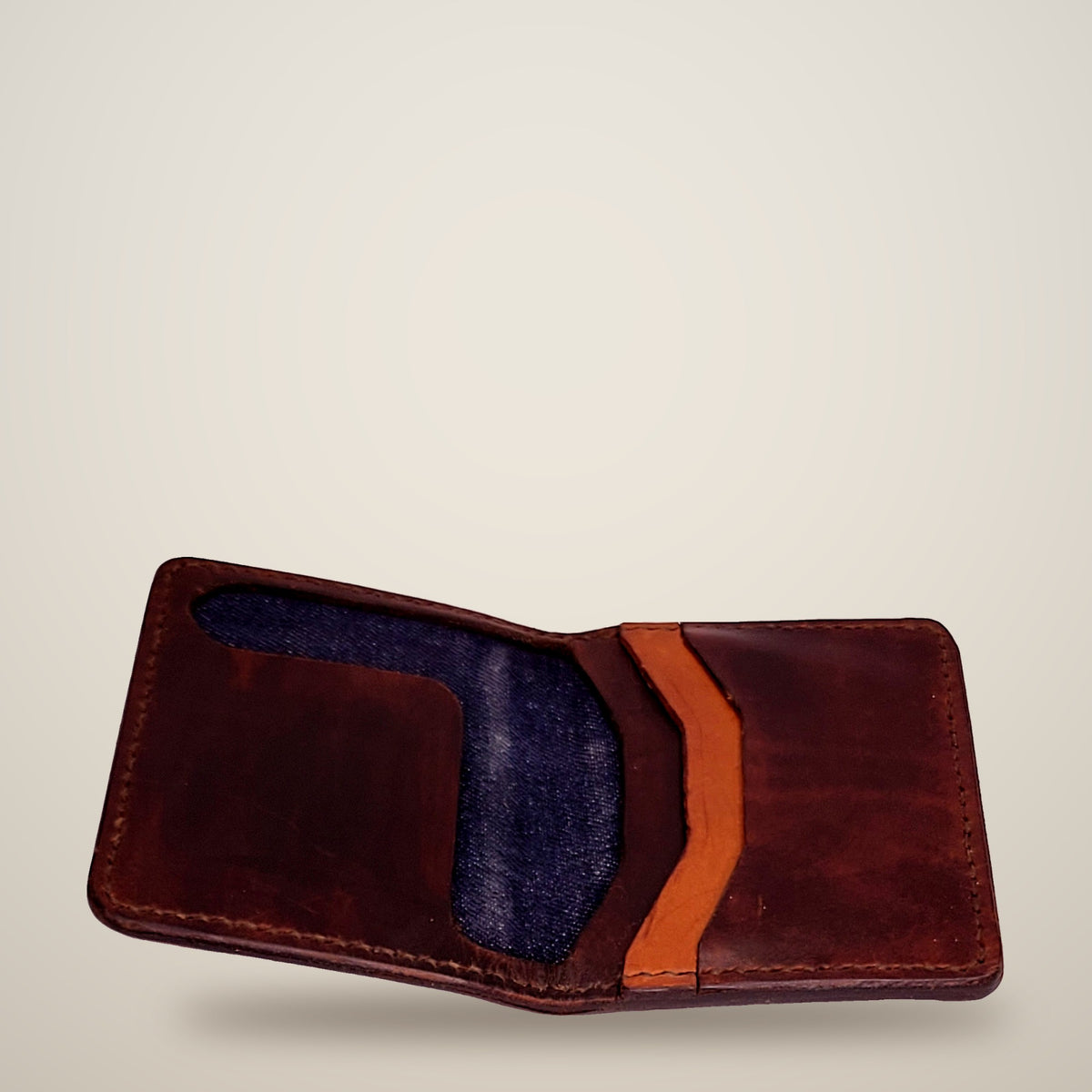 Small Lined Wallet – Chunky – dark brown, denim lining, tan panel