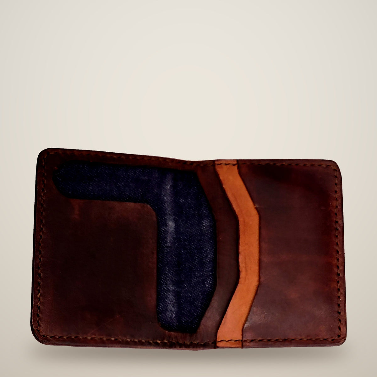 Small Lined Wallet – Chunky – dark brown, denim lining, tan panel