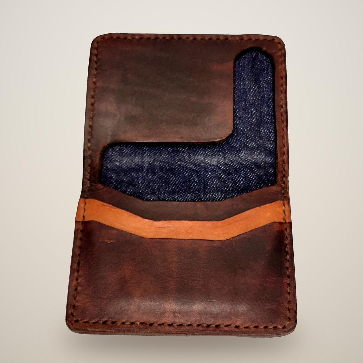 Small Lined Wallet – Chunky – dark brown, denim lining, tan panel