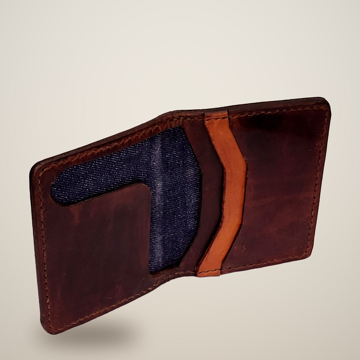 Small Lined Wallet – Chunky – dark brown, denim lining, tan panel