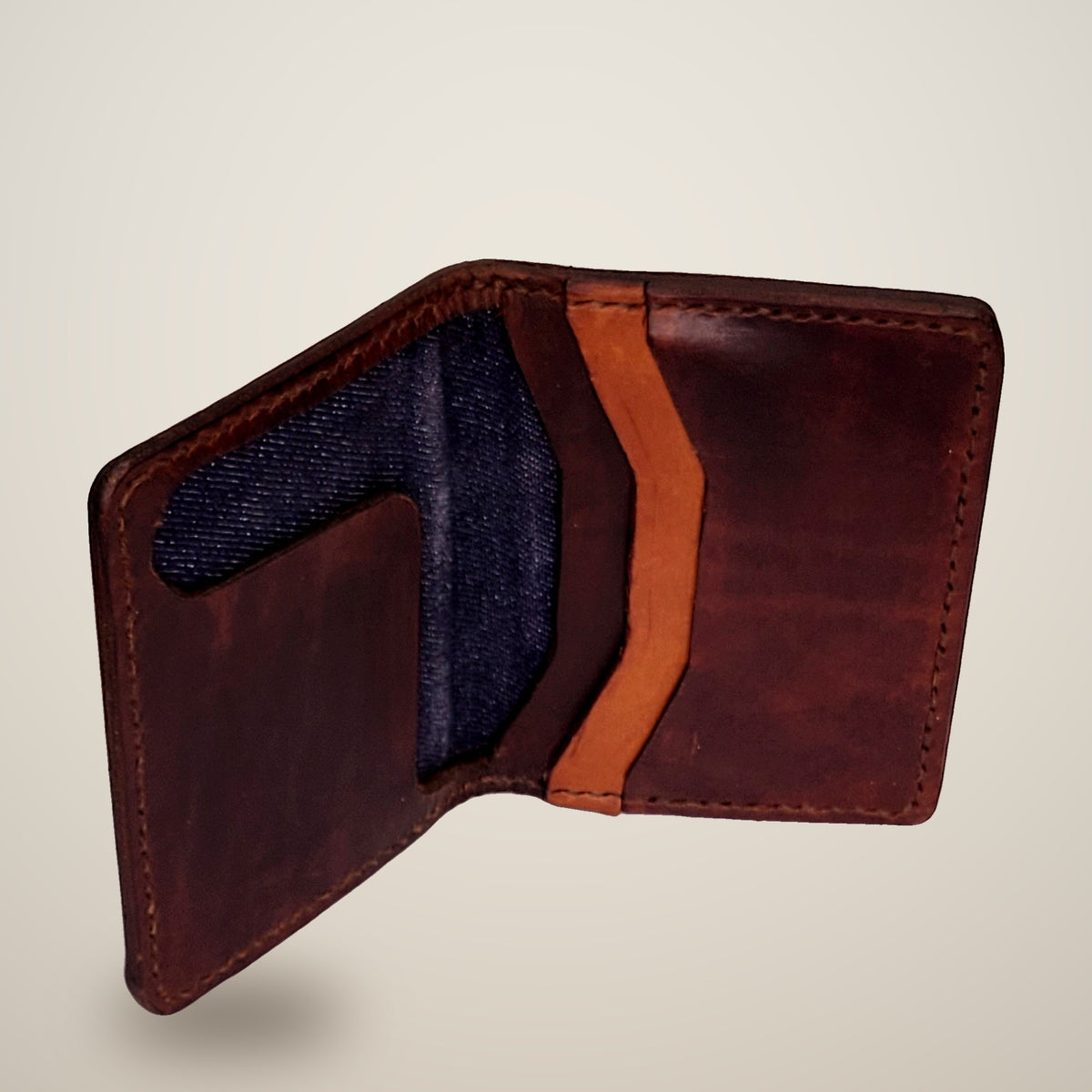 Small Lined Wallet – Chunky – dark brown, denim lining, tan panel